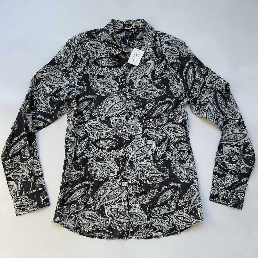 Guess Men’s Slim Fit Shirt Long Sleeves Paisley Print Allover Size M